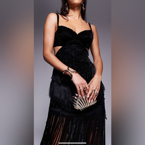ASOS Design embellished velvet fringe dress in black - Picture 2 of 7